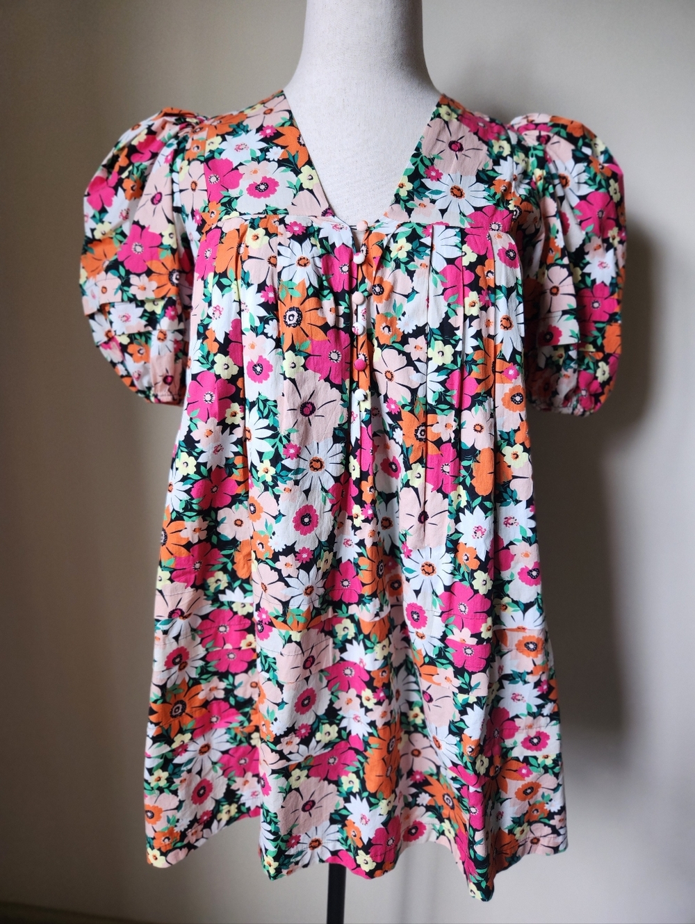 Retro Floral Puff Sleeve Babydoll Mini Dress VNeck Tunic Top Multicolor S Karlie